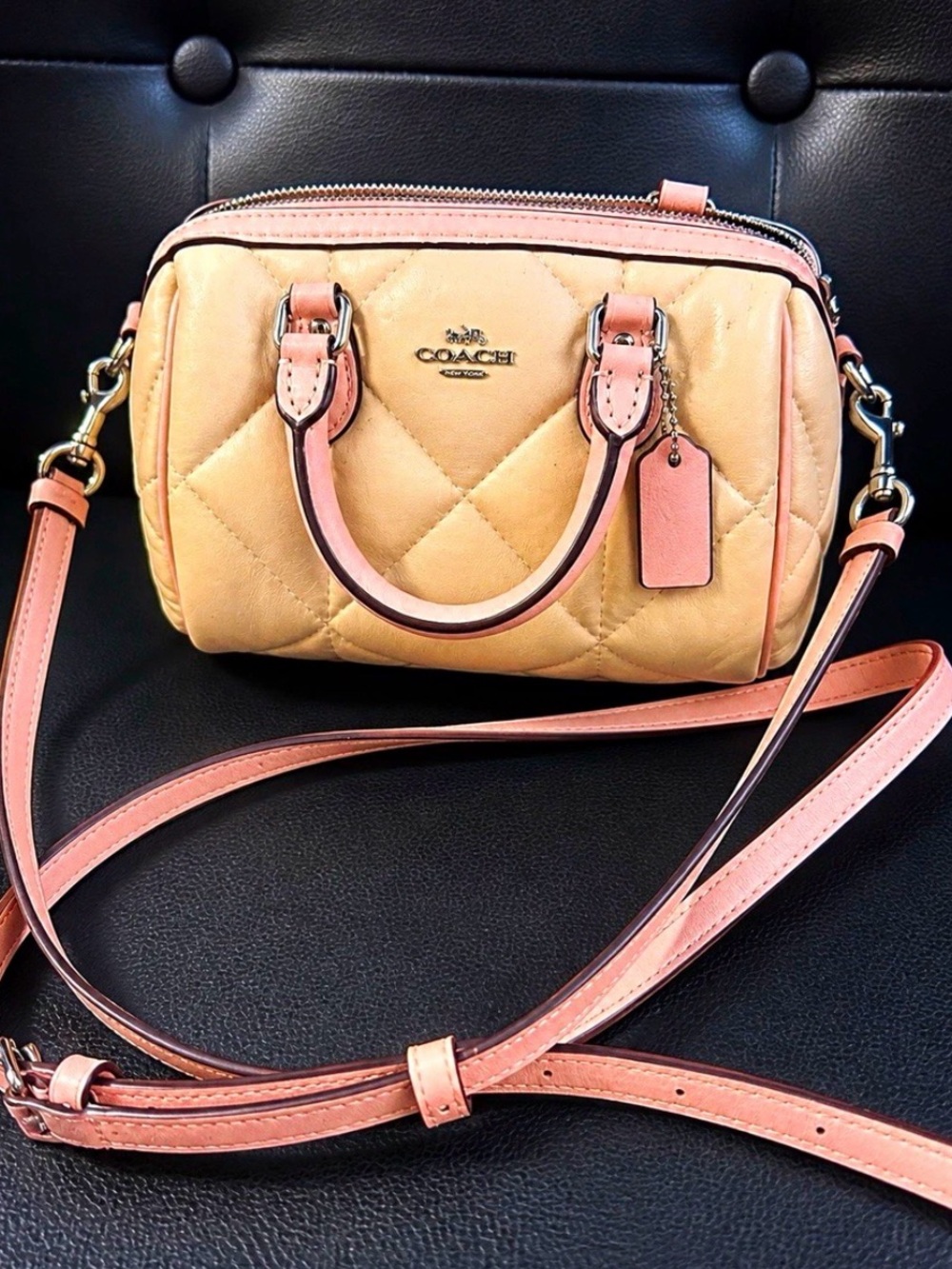 Coach Quilted Crossbody Satchel in Beige and Pink Trim